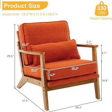 Karl home Accent Chair Wide Armrest Mid-Century Lounge Chair Linen Fabric Armchair with Lumbar Pillow & Solid Wood Frame for Living Room, Bedroom, Balcony, Burnt Orange