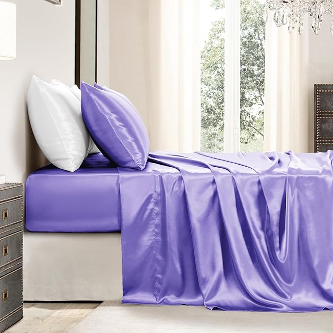Satin Sheets Full Size - 4 Pieces Luxury Silky Soft Bed Sheets, Wrinkle-Free Lavender Satin Silk Sheet Set with 1 Deep Pocket Fitted Sheet, 1 Flat Sheet, 2 Pillow Cases