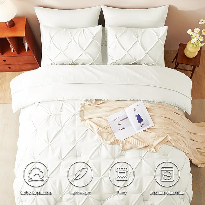 CozyLux Queen Comforter Set Ivory, 7 Pieces Pintuck Bed in A Bag, Premium Ivory Comforter Queen Size, Pinch Pleat Bedding Sets with Comforter, Sheets, Pillowcases & Shams