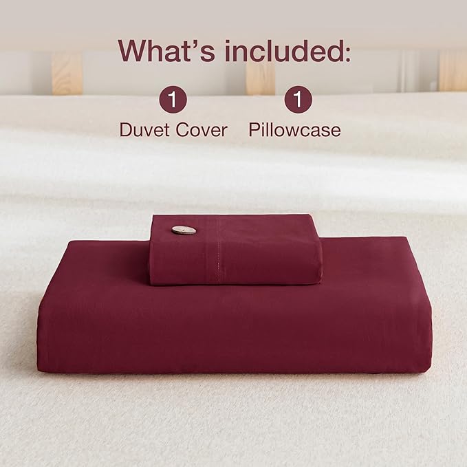 JELLYMONI Cotton Duvet Cover Twin Size - Burgundy Comforter Cover with Button 100% Washed Cotton 2PCS Breathable Soft Solid Bedding Set Duvet Cover 68×90in & 1 Pillowcase (NO Comforter)