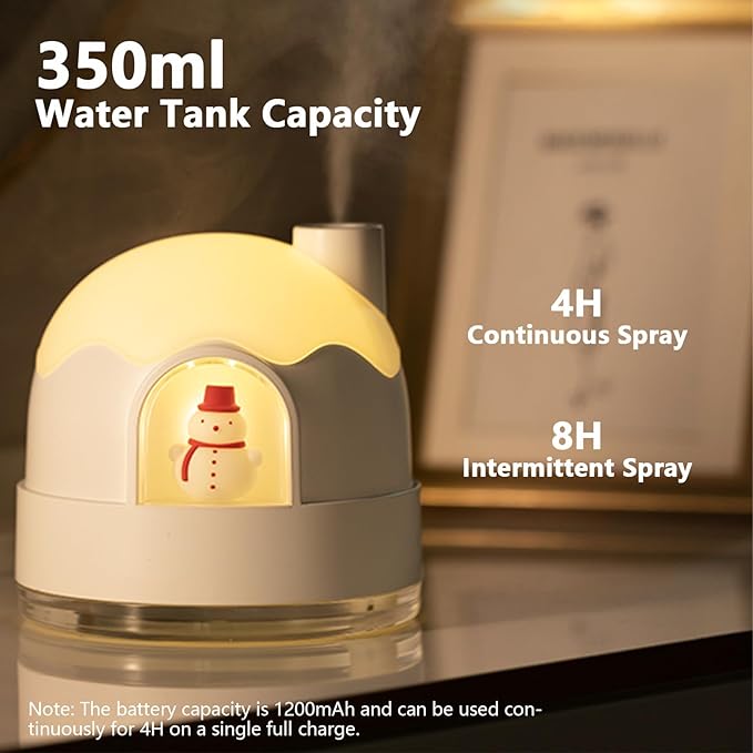 Humidifier for Bedroom, Household Mini Desktop Humidifier, Cute Snow House Humidifiers with Night Lights, Ultrasonic Silent Operation, 350ml, Suitable for Small & Medium-Sized Rooms (White)