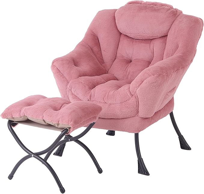 Tiita Lazy Chair with Ottoman, Modern Large Accent Lounge Armchair, Comfy Leisure Sofa Reading Chair with Footrest for Bedroom, Living Room, Dorm Rooms, Garden and Courtyard, Plush Dark Pink