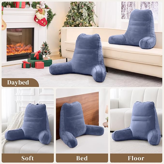 Sasttie Reading Pillow for Bed - 23 Inch, Back Pillow for Bed Sitting Up, Back-Rest Support Cushion with Side Pockets and Arms, Dorm Essentials, Oeko-Tex Certified, Grey Purple