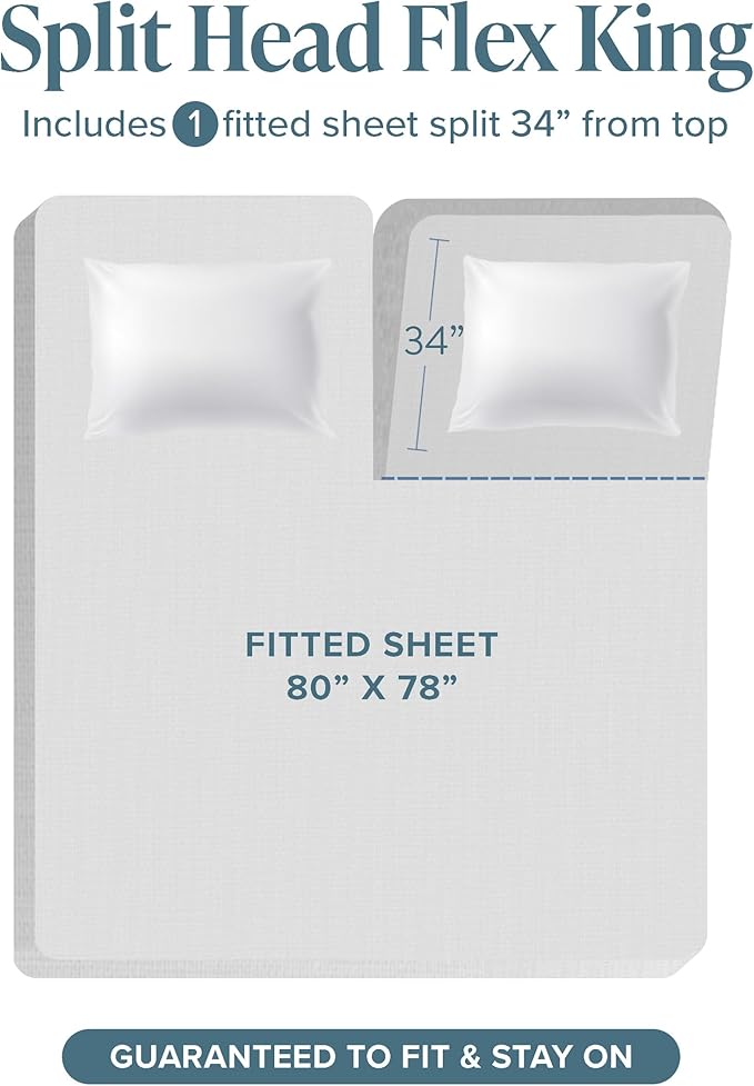 Bare Home Hotel Luxury Split Head Flex King Sheet Set, Extra Soft, Deep Pockets, Easy Fit, Cooling & Breathable, Wrinkle, Fade, Stain Resistant, with 4 Pillowcases (Split Head Flex King, White)