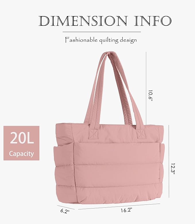 Puffer Tote Bag for Women, Cute Quilted Carryall with Zippered Compartments Shoulder Bag Handbag for Work, Travel, Gym