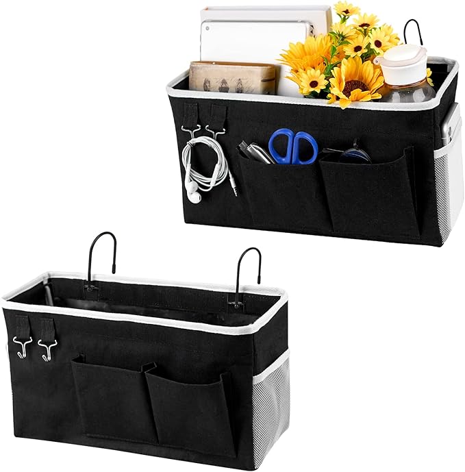 Loghot Bedside Caddy/Bedside Storage Bag Hanging Organizer for Bunk and Hospital Beds,Dorm Rooms Bed Rails,Can be Placed Glasses,Books,Mobile Phones,Keys (2pc Black)