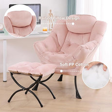 Tiita Lazy Chair with Ottoman, Modern Large Accent Lounge Armchair, Comfy Leisure Sofa Reading Chair with Footrest for Bedroom, Living Room, Dorm Rooms, Garden and Courtyard, Velvet Pink