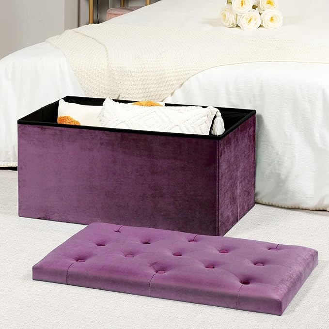 B FSOBEIIALEO Folding Storage Ottoman, Long Ottomans Shoes Bench, Velvet Storage Chest Footrest Seat 31.5"x15.7"x15.7" (Purple, Large)