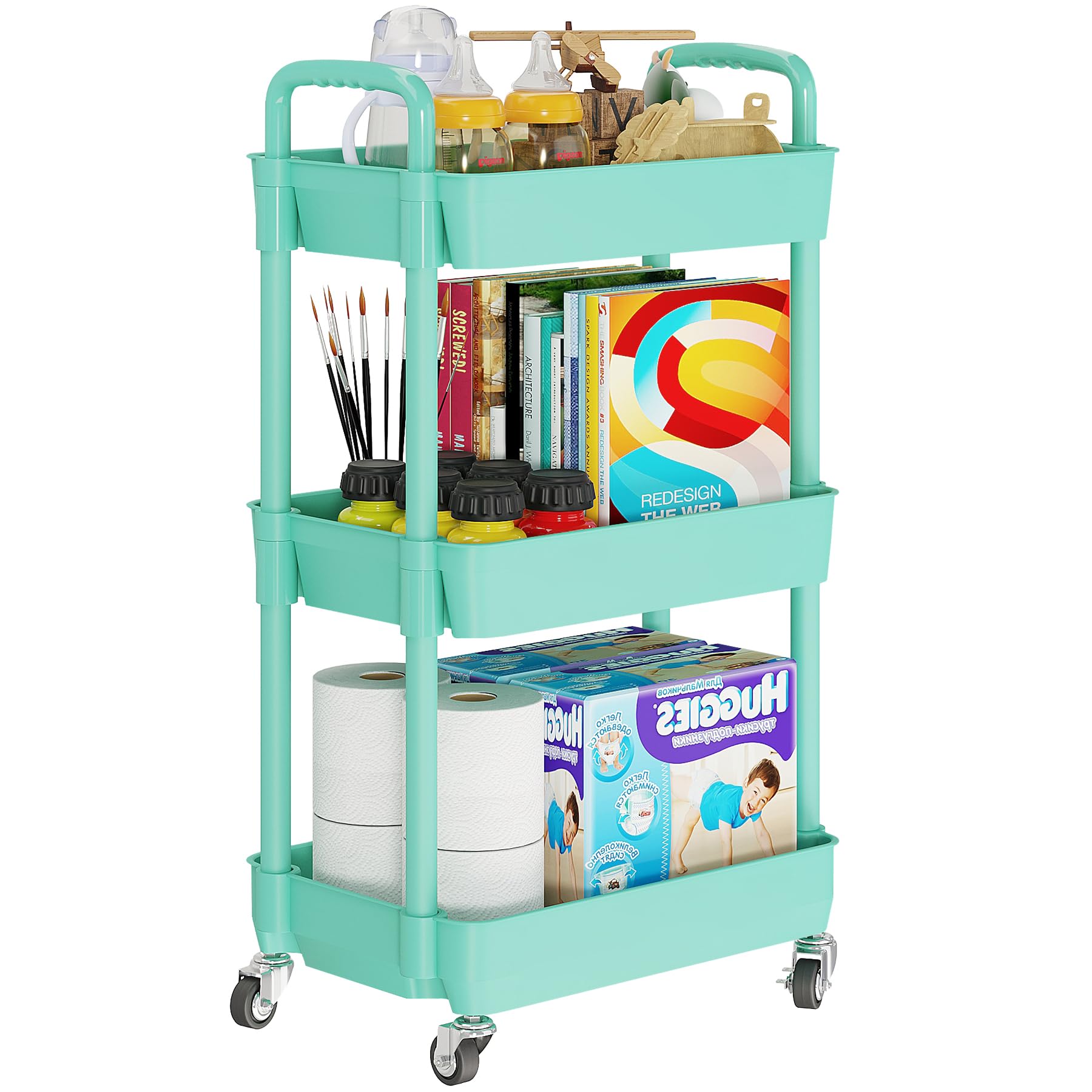 Laiensia 3-Tier Rolling Cart with Wheels,Multifunction Utility Storage Carts, Kitchen Storage Organizer,Mobile Shelving Unit for Bathroom,Laundry,with Classified Stickers,White