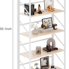 JSB Folding Bookshelf,Industrial Storage Shelves, No Assembly Vintage Wood Look Bookshelf with Storage Shelves for Living Room, Bedroom, Office (White, 5-Tier)