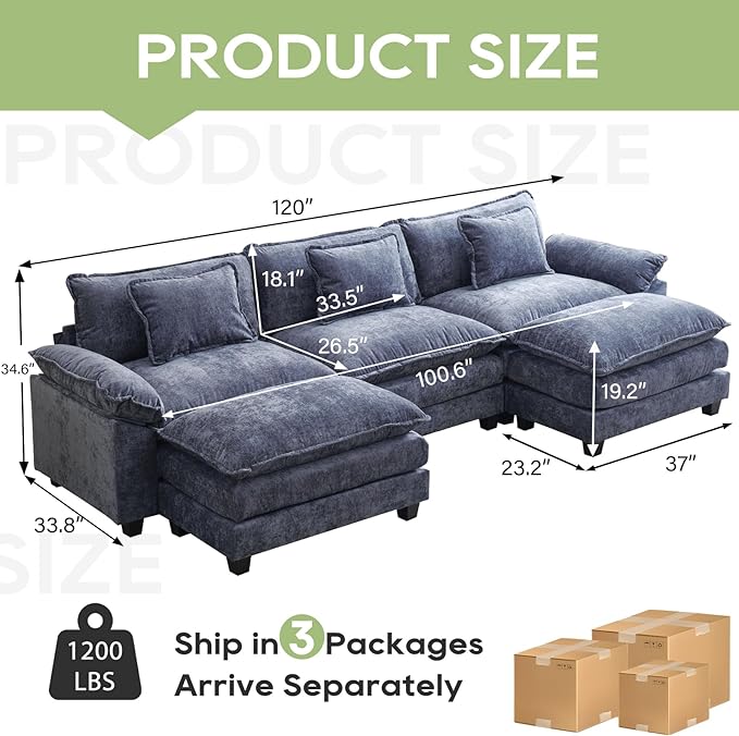 120" Modular Sectional Sofa, Comfy Cloud Couch Sectional Sofa with Ottoman, Chenille Sofa Sleeper Deep Seat Sofa with Throw Pillows for Living Room (Blue, 120"- U Shape)