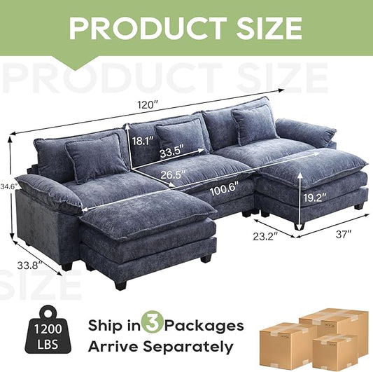 120" Modular Sectional Sofa, Comfy Cloud Couch Sectional Sofa with Ottoman, Chenille Sofa Sleeper Deep Seat Sofa with Throw Pillows for Living Room (Blue, 120"- U Shape)