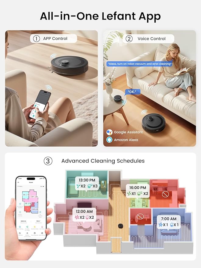 Lefant LiDAR Robot Vacuum and Mop Combo,75-Days Self-Emptying,6000Pa Powerful Scution,Multi-Floor Mapping, No-Go Zones,140 Min Runtime,2.4G/5G WiFi/Alexa/APP/iWatch,M2 Plus Black