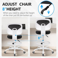 Primy Armless Mid-Back Ergonomic Standing Desk Chair - Mesh Rolling Tall Chair, Adjustable Height and Footring, Art Room, Office or Home (White)