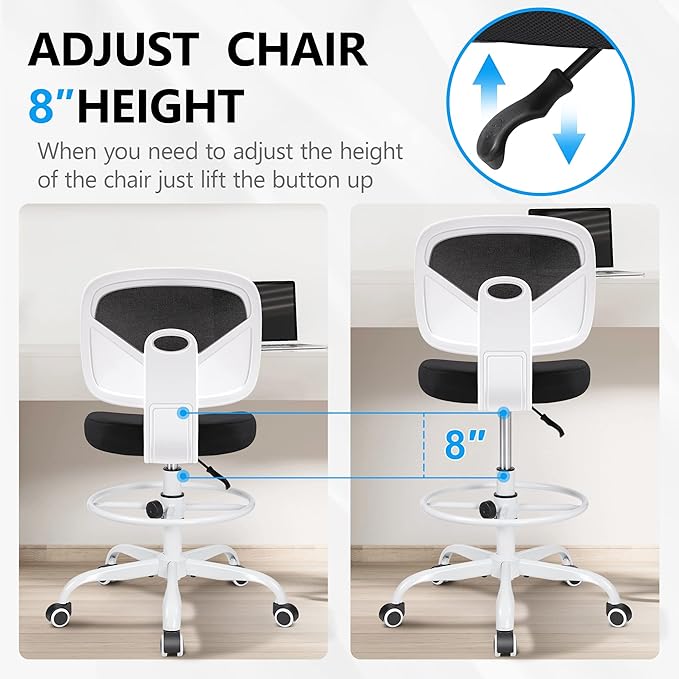 Primy Armless Mid-Back Ergonomic Standing Desk Chair - Mesh Rolling Tall Chair, Adjustable Height and Footring, Art Room, Office or Home (White)