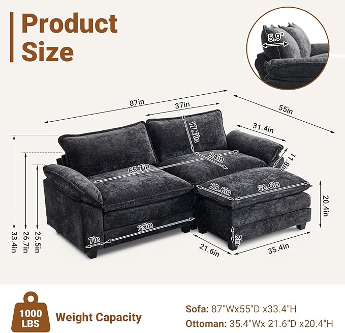 VINGLI 87" Convertible Sectional Sofa,L-Shape Deep Seat Sofa Couch for Living Room,Modern Chenille 2 Seat Loveseat Sofa with Ottoman for Small Space(Black, 87")