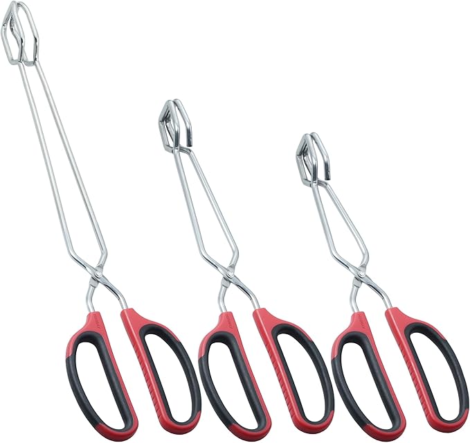 Stainless Steel Kitchen Scissor Tongs Set for Cooking, Grilling & Serving, 3-Piece with Red Handle (10/12/16 Inch)