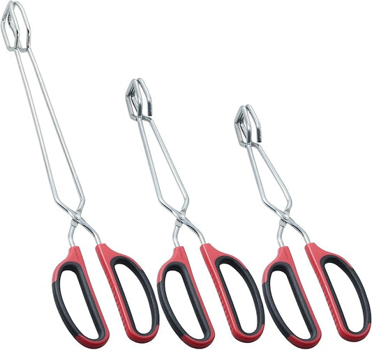 Stainless Steel Kitchen Scissor Tongs Set for Cooking, Grilling & Serving, 3-Piece with Red Handle (10/12/16 Inch)