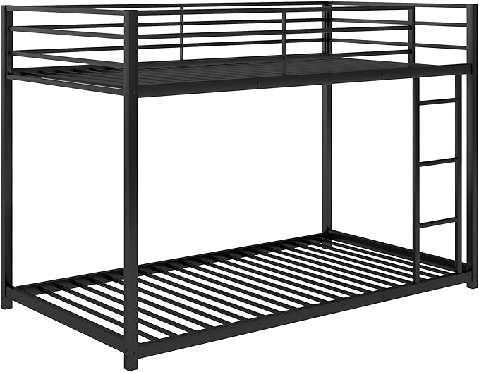 Twin Over Twin Bunk Bed, Low Bunk Bed with Ladder, Metal Bunk Bed with Guardrails, Heavy Duty Metal Bunk Bed Frame for Kids, Boys, Girls, Teens, Noisy Free, No Box Spring Needed， Black
