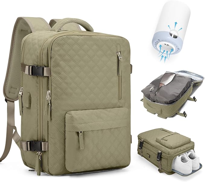 suwasp Vacuum Backpack Travel with Pump, Travel Backpack for Women Men, Vacuum Compression Bags with Laptop Compartment/Shoe Compartment, Personal Item Carry On Backpacks Flight Approved, Khaki
