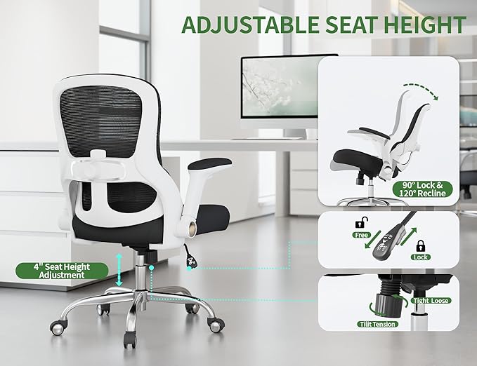 Ergonomic Office Chair - Computer Desk Chairs Comfy, Mesh High-Back Gaming Chair with Adjustable Lumbar Support, Executive Task Chair for Adults, Comfortable for Long Hours (White Black)
