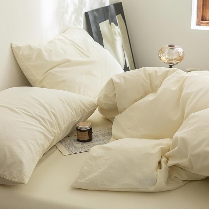 FOSSA Duvet Cover Set 100% Washed Cotton Linen Feel Super Soft Breathable Cozy 3 Pieces Bedding Sets Solid Cream White Queen
