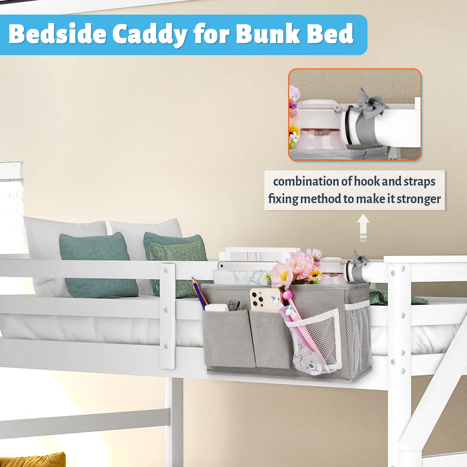 Loghot Bedside Caddy/Bedside Storage Bag Hanging Organizer for Bunk and Hospital Beds,Dorm Rooms Bed Rails,Can be Placed Glasses,Books,Mobile Phones,Keys (Light Pink) Dormly