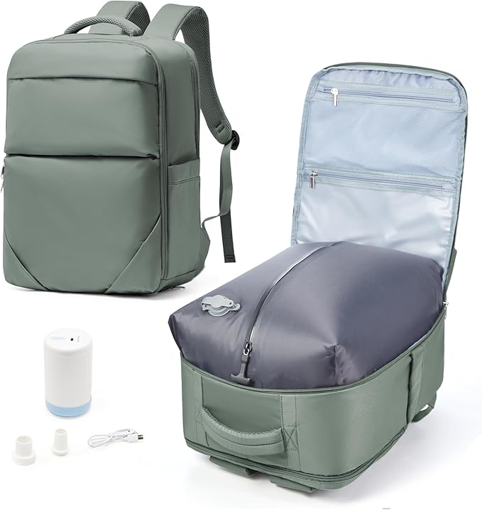 Vacuum Backpack Travel for Women Men, Travel Backpack with Vacuum System, Small Compression Backpacks Flight Approved, Travel Vacuum Bags with 14inch Laptop Compartment, Contain Pump, Green