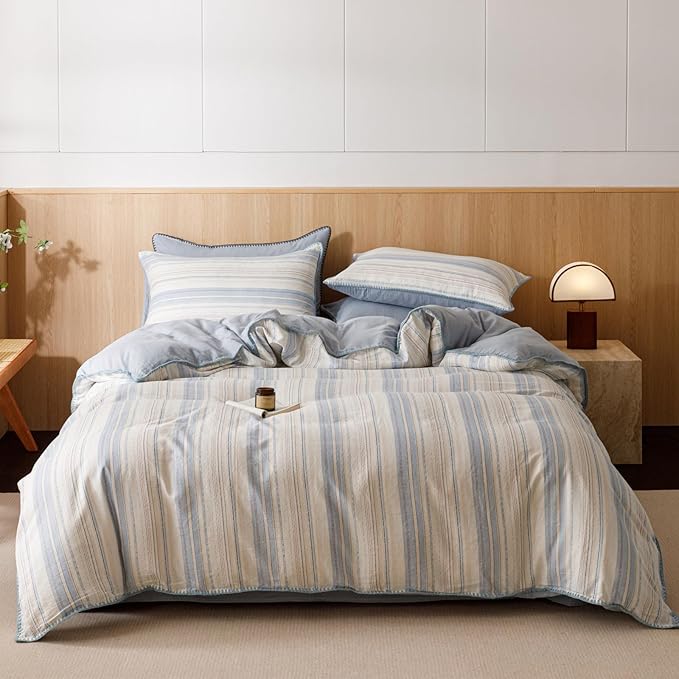 VM VOUGEMARKET Blue White Stripes Duvet Cover King 100% Cotton Muslin Duvet Cover Embroidered Cozy Simple Modern Bedding Set for Men Women