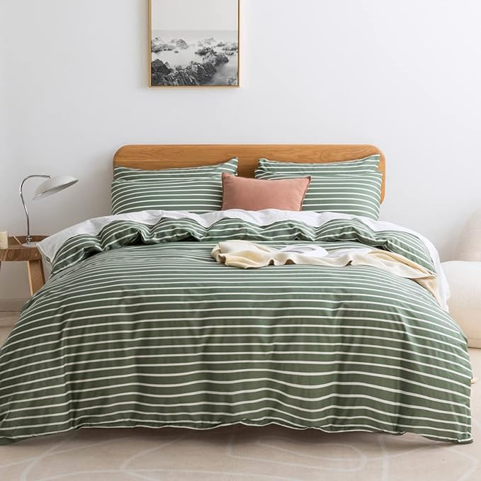 JELLYMONI Queen Duvet Cover Set, Cotton Duvet Cover 3 Pieces with Zipper Closure, 1 Duvet Cover and 2 Pillowcases(Green with White Striped)