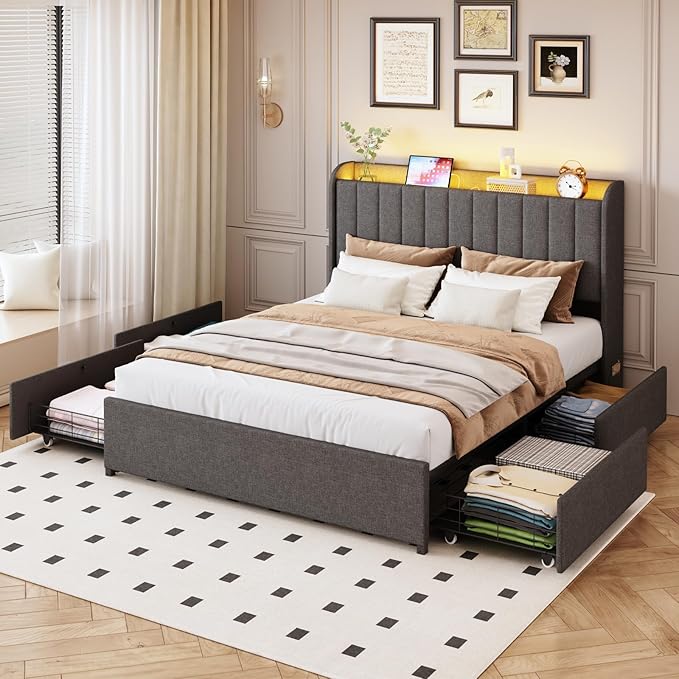 Full Bed Frame with 4 Drawers and Storage Headboard, Upholstered Platform Bed Frame Full Size with Led Lights and Handy Charging Station, No Box Spring Needed, Easy Assembly, Noise Free, Gray