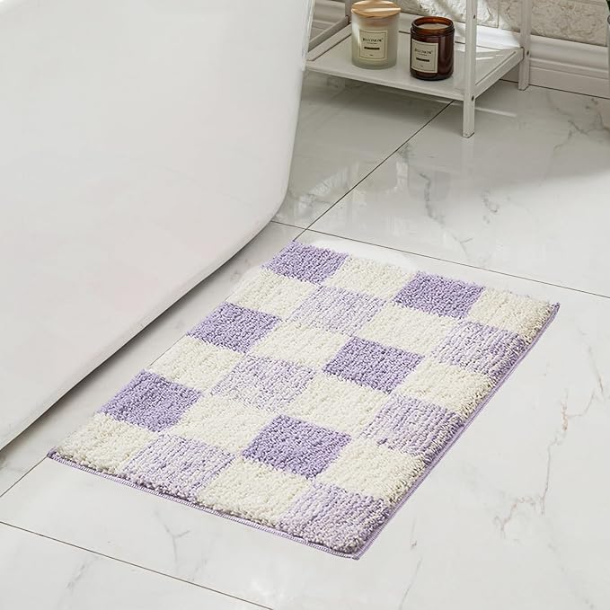 CozeCube Bath mats for Bathroom Non Slip, Fluffy Absorbent Microfiber Bath mat Washable, Aesthetic Bathroom Rugs, Large Purple Checkered Bath mat, Lavender, 36" x 24"