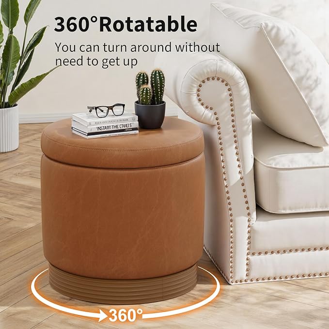 Round Storage Ottoman,Swivel Vanity Stool-Smooth Faux Leather Foot Rest,Footstool Pouf with Sturdy Acacia Wood Frame(500lbs),Small Coffee Table & Hidden Storage Ottoman for Living Room