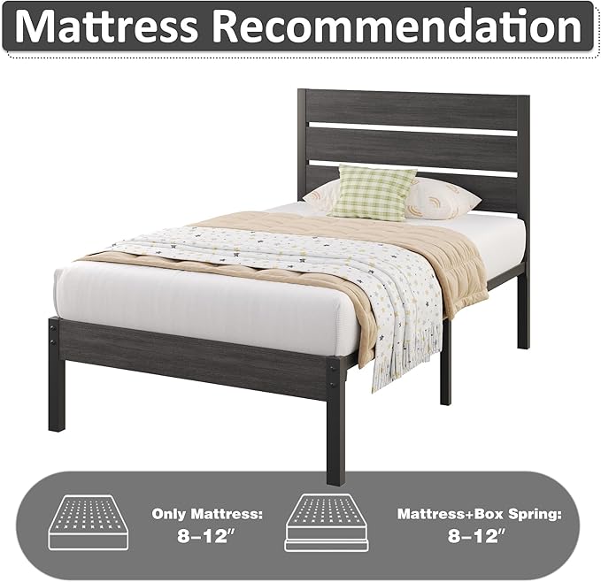 Twin Bed Frame with Headboard and Footboard, Metal Twin Bed Frame with Under Bed Storage, All-Metal Support System, No Box Spring Needed, Easy Assembly,Rustic Grey