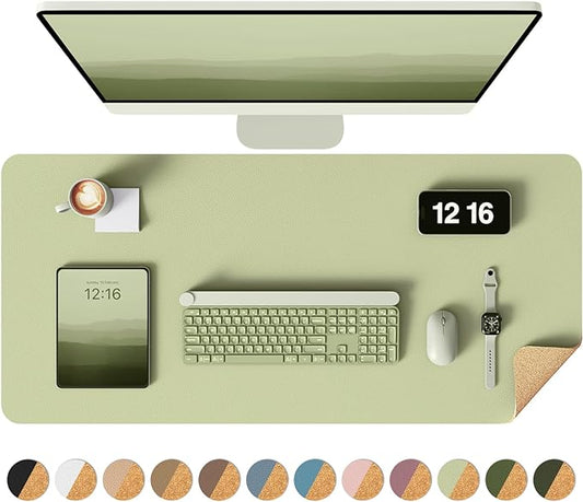 YSAGi Double-Sided Desk Pad, 31.5"x15.7" Leather Desk Mat, Eco Cork Desk Pad Protector,Large Mouse Pad,Waterproof Desk Blotter for Office/Home (Matcha Green/Cork)