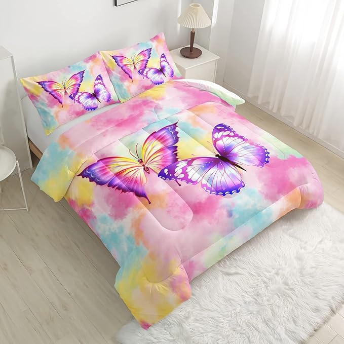 CVHOUSE Butterfly Bedding Set,Butterfly Comforter Queen,Butterfly Comforter Set for Girls Kids Teens,Butterflies Quilt Set with 1 Comforter and 2 Pillow Cases