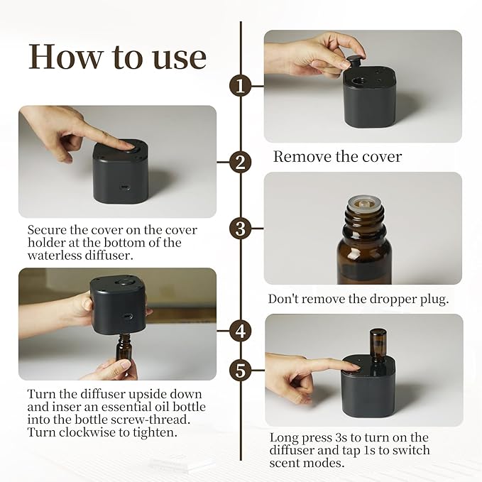 Scent Diffuser Waterless Essential Oil Diffusers with 3 Mist Modes,Cycle Start,Cordless Aroma Air Machine for 200 sq.ft Home/Office/Bedroom,Ultra Quiet,Includes 10ml Oil,Black