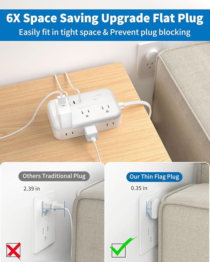 Flat Extension Cord 15 ft, NTONPOWER Power Strip with 6 Widely Outlets 4 USB Ports(2 USB C), Flat Plug, Wall Mounted, Side Outlet Extender for Indoor, Home Office, Dorm Room Essentials