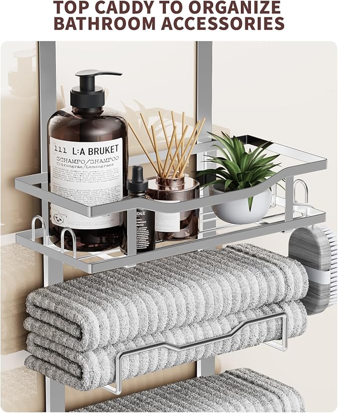 Hanging Towel Racks for Bathroom No Drill - Over The Door 6-Tier Bath Towel Storage Organizer for Small Bathrooms-Back Door Large Tiered Towel Holder Hanger for Rolled Towels RV Camper Silver