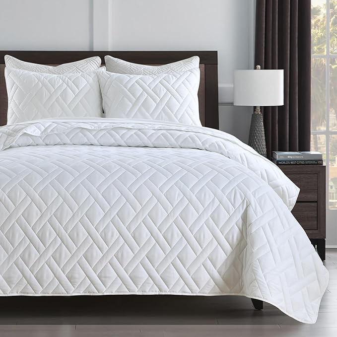 HORIMOTE HOME Quilt Set Twin Size White, Classic Geometric Diamond Stitched Pattern, Ultra Soft Microfiber Lightweight Bedding Set Bedspread Coverlet for All Season (1 Quilt and 1 Pillow Sham)