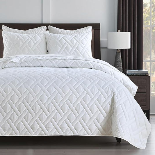 HORIMOTE HOME Quilt Set Twin Size White, Classic Geometric Diamond Stitched Pattern, Ultra Soft Microfiber Lightweight Bedding Set Bedspread Coverlet for All Season (1 Quilt and 1 Pillow Sham)