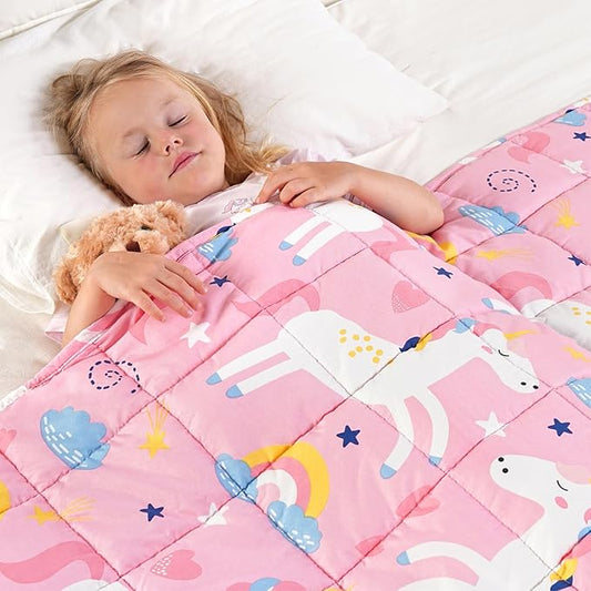 Kivik Weighted Blanket 5 lbs, Pink Weighted Blankets, Soft Breathable Cooling Heavy Throw for School Calming & Home Sleep, Machine Washable, 36 x 48 Inches, Cute Cartoon Unicorn