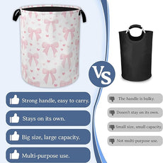 Cute Pink Bow Laundry Basket,Foldable Oxford Cloth Heart Laundry Hamper with Handles, 20.8