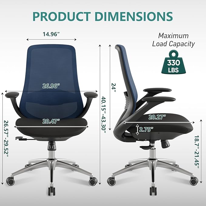 Ergonomic Mesh Office Chair, 330LBS Executive Desk Chair with Lumbar Support, 2D Armrests, Comfy Swivel Computer Task Chairs for Long Hours (Blue)