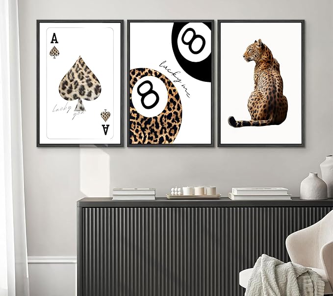 XLYFVLGF 3Pcs Trendy Leopard Canvas Wall Art Cheetah Prints Wall Decor Pictures Funky Lucky You 8 Ball Posters Preppy Aesthetic Paintings for Girls Bedroom Dorm Apartment Decoration 16x24 inch