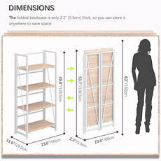 4NM No Assembly Folding Bookshelf Storage Shelves 4 Tiers Vintage Bookcase Standing Racks Study Organizer Home Office (Natural White)