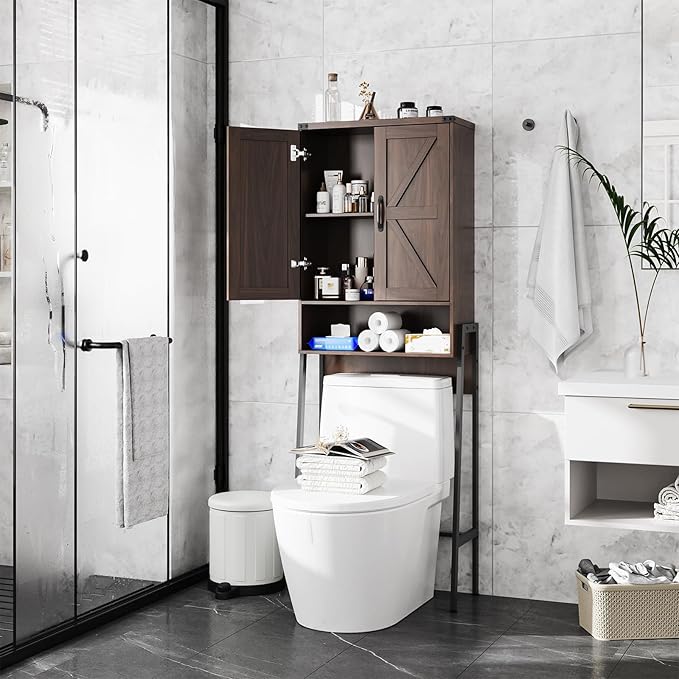 Over The Toilet Storage Cabinet with 2-Door Design Bathroom Organizers and Storage with Anti-Tip Device Over Toilet Organizer with Shelves for Bathroom,Restroom,Laundry Espresso