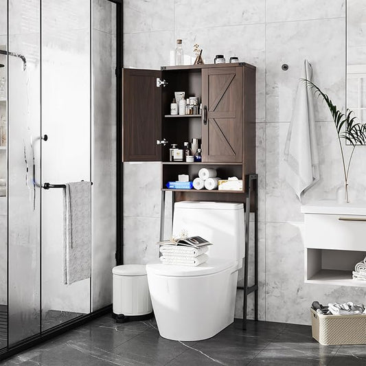 Over The Toilet Storage Cabinet with 2-Door Design Bathroom Organizers and Storage with Anti-Tip Device Over Toilet Organizer with Shelves for Bathroom,Restroom,Laundry Espresso