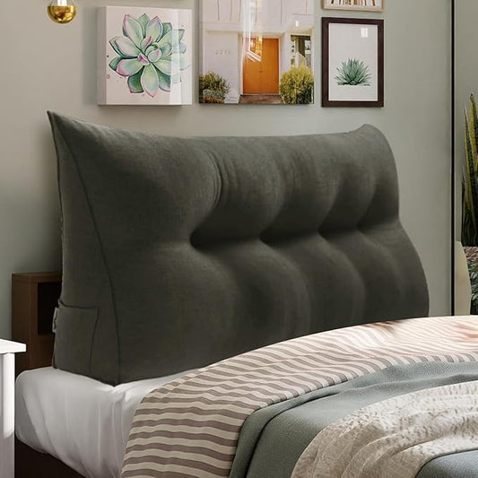 WOWMAX 85% Linen 15% Cotton Blend Headboard Pillow – Full Size Reading Wedge Backrest for Bed, Handmade Firm Support Bolster Cushion with Removable Cover, Premium Bed Rest Pillow, Deep Gray