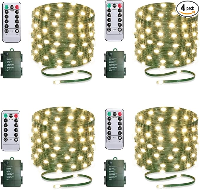 Battery Operated String Lights (4 Pack), 16.5ft 50 LED Fairy String Lights Battery Powered with Remote & Timer for Indoor Outdoor Christmas Trees Wreath Decoration Bedroom Patio - Warm White